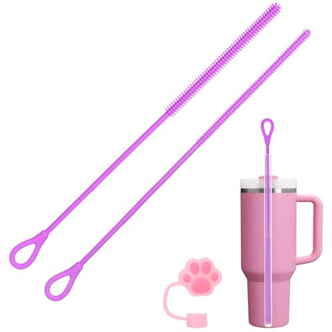 AYESY 2Pcs Silicone Straw Cleaner Brush, Reusable Straw Brush 6mm+9mm | Soft and Bendable, Non-slip Handle Straws Cleaner for Stanley Straws Water Bottles Jars Teapot Spout