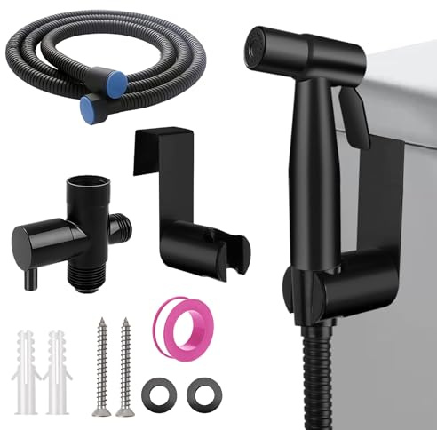 Handheld Bidet Sprayer Kit, Stainless Steel Toilet Bidet Shower with T-Valve Adapter & Hose, Easy Install Shattaf for Personal Feminine Hygiene, Baby Diaper, Pet Bath and Toilet Cleaning (Black)