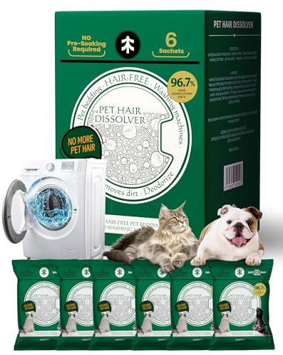 Pet Hair Dissolver for Washing Machine-6 Sachets, 96.7% Hair Dissolution, Dog & Cat Hair Remover, Removes Odors & Residue, HE Compatible for Front & Top Load Washers, Septic Safe