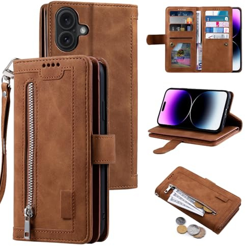 EYZUTAK Wallet Phone Case for iPhone 17, Retro Matte 9 Card Holder Slots Zipper Pocket Case PU Leather Magnetic Closure Kickstand with Wrist Strap Folio Flip Cover - Brown
