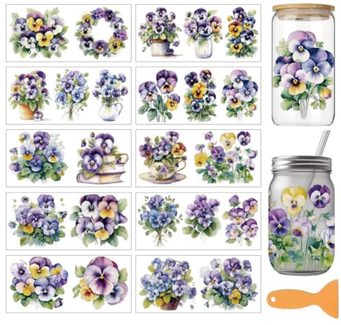 arricraft 10 Blätter Violette Blumen Thema UV DTF Tasse Transfer Aufkleber | 24x11cm Wasserfest Rub On Sticker Möbelfolie Selbstklebend für DIY Kunsthandwerk Becher, Flaschen, 16oz Glas, Möbel