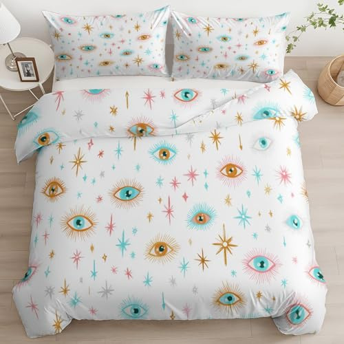 Quixora Komfortabel Mikrofaser Bettwäsche-Sets 135 x 200 cm, Cartoon Traumhaft Bunte Augen Sterne Muster Bettbezug 3 teilig mit Kissenbezug, Wendebettwäsche für Einzelbett mit Reißverschluss