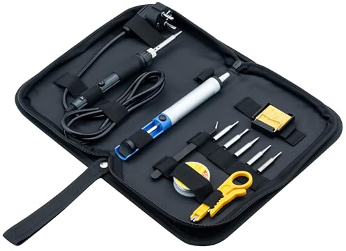 goobay Lötset Starter 12-teilig mit Lötkolben (100–500 °C), 5 Lötspitzen, Halter, Entlötpumpe, Abisolierer, Pinzette, Lötzinn, Schwamm, für Elektronik, Modellbau & Reparaturen, 77995