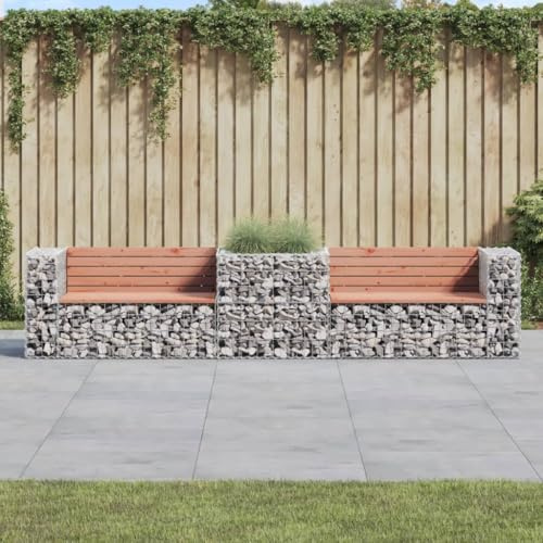 PHGTYUK Garden Bench with Gabion Basket Solid Wood Douglas Fir, 2 Benches and Basket Set, Durable Outdoor Seating for Patio and Backyard