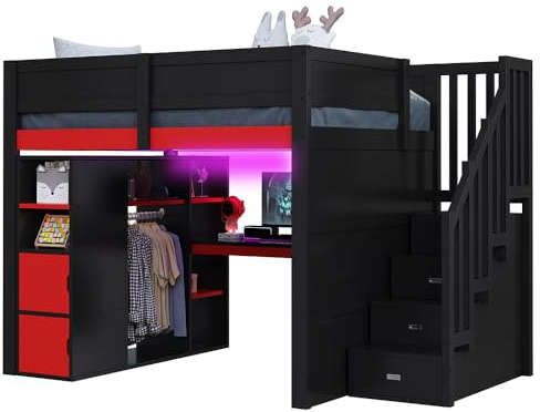 Yihomfy Lit Mezzanine Gaming en Bois 140x200 avec Bureau, rangements Multi-Niveaux, éclairage LED, Port de Chargement USB et escalier Noir avec rangements intégrés. (Noir-G, 140×200 CM)