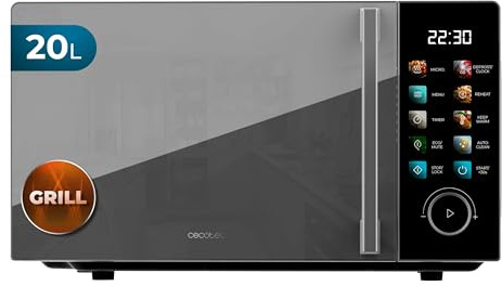Cecotec Mikrowelle mit Grill Proclean 6130, Schwarz, 20L | 700 W und Grill mit 800 W, 8 Programme, 10 Leistungsstufen, Touchscreen - Farbdisplay, Auftauen, Timer, Drehteller 255 mm