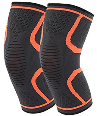 HomDSim 2 Pack - Compression Knee Pad Sleeve Fitness Running Cycling Knee Support Elastic Nylon Sport, Joint Pain Relief (Orange, Large)