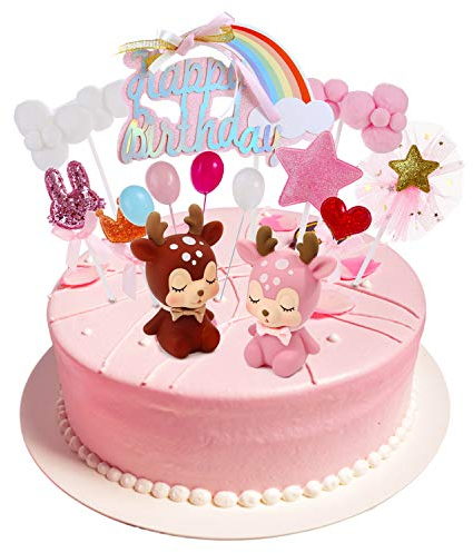 16Stück Tortendeko Geburtstag Mädchen Regenbogen Happy Birthday kuchendeko Sikahirsch Tortenaufleger Ballon Rosa Wolke Cupcake Topper Tortenstecker Tortenaufsatz für Baby Kinder Junge Party Dekoration