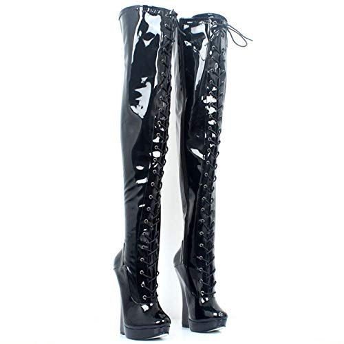 TIKENBST tacchi donna Tacchi Alti 18CM In Pelle Verniciata Con Lacci Con Zeppa E Tacco Alto Con Plateau,Black-44