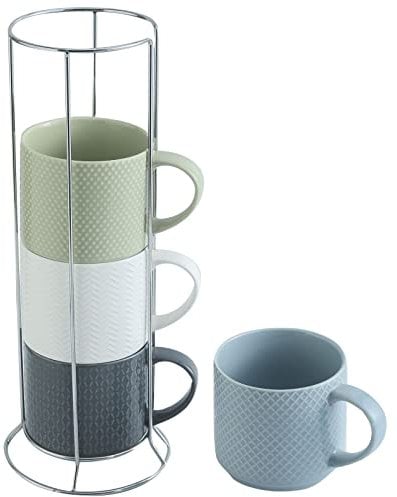 Hasense Coffee Mugs,15oz Coffee Cups Set of 4 with Stackable Storage Rack, Durable Porcelain, Microwave & Dishwasher Safe, Space-Saving Mug Set for Kitchen and Office, Multi Color