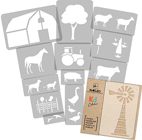 NAKLEO Schablonen Malen für Kinder, 14 Stück Set 9x12 bis 23x34cm Tiere Bauernhof, Wiederverwendbare Kunstoff Kinderzimmer Malvorlage Raumdekoration, Basteln DIY Wand Möbel Papier