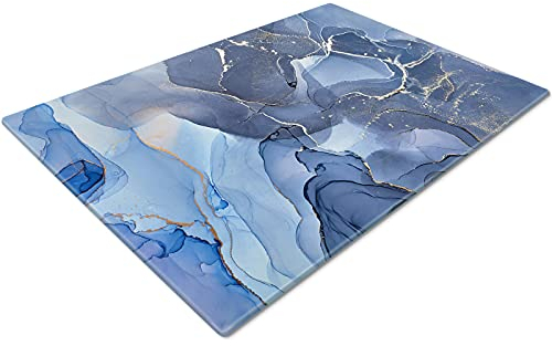 Glass Chopping Board 50 x 40 | Kitchen Worktop Protector | Multifunctional Cutting Board | Work Top Savers | Kitchen Accessories | Extra Large | Blue White Gold