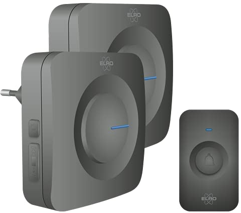 ELRO DB3000 Funk Türklingel Set Tragbare 1x Empfänger für Steckdose-Wasserdicht, 300m Reichweite, 64 Melodien-Schwarz, Batterien + Plug-In