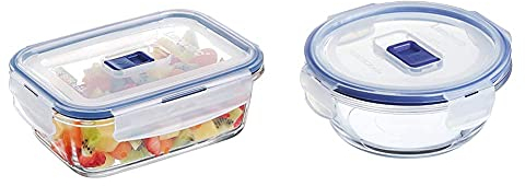 Luminarc 9207680 Pure Box Active Recipiente Hermetico Rectangular, Vidrio, 0,82 L, 16 X 11 X 6 Cm + Pure Box Active Recipiente Hermético De Vidrio, Redondo, Tamaño 0,42 Litros