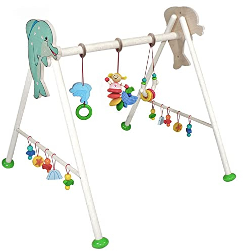 Hess Holzspielzeug 20031 - Spielgerät aus Holz, Serie Nixe, für Babys, handgefertigter Spiel-Bogen mit farbenfrohen Figuren und Rasseln, ca. 62 x 57 x 54,5 cm groß