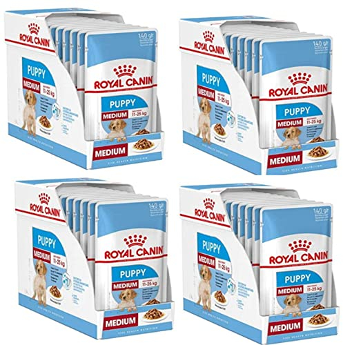 Royal Canin Medium Puppy | 4er Pack | 4 x 10 x 140 g | Nasses Welpenfutter für mittelgroße Hunde | Bis zum 12. Lebensmonat | Zur Unterstützung des Gehirns | Stückchen in Soße