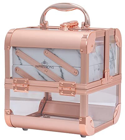 Impression Vanity Savvy Slaycube Makeup Travel Case with Crystal Clear Panels, Rose Gold Clear White Marble, Makeup Travel Case With Crystal Clear Panels