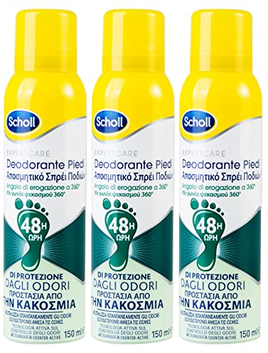 Scholl ExpertCare Deodorante Piedi Antiodore Spray Anti-Traspirante 48h per Pelle Asciutta con Profumo Fresco e Leggero Contro i Cattivi Odori con Erogatore 360° - 3 Flaconi da 150ml