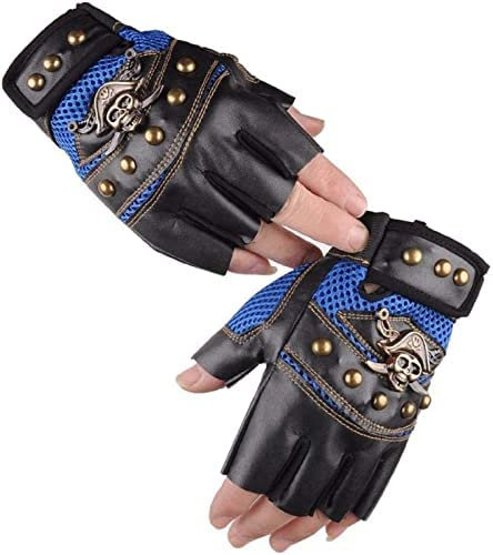 Fingerlose Punk Handschuhe Damen Halbfinger Totenkopf Pirat Leder Gothic Biker Stulpen Karneval Halloween Blau Geschenkidee Rock Accessoire Alternativer Stil