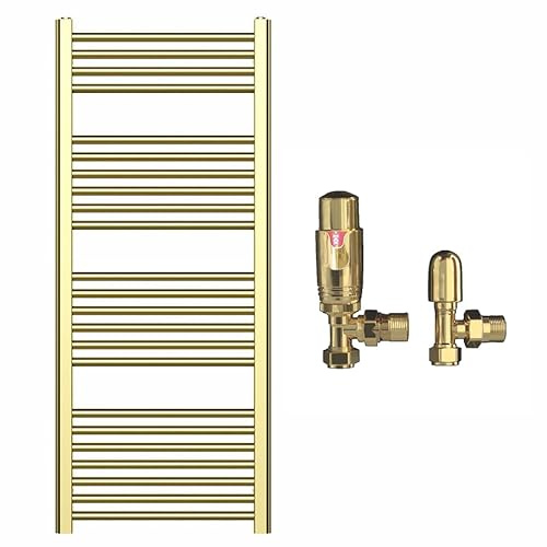 Myhomeware 500mm Wide Shiny Gold Heated Bathroom Towel Rail Radiator With Valves For Central Heating UK (With TRV Angled Valves, 500 x 1200 mm (h))