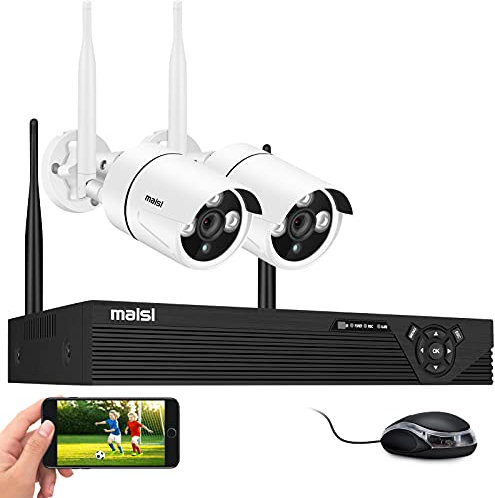 maisi Wireless CCTV Camera System, 4CH 3MP WiFi NVR, 2X 3MP Outdoor Surveillance Security IP Cameras, One-Way Audio, Remote View on PC/App, No Hard Drive