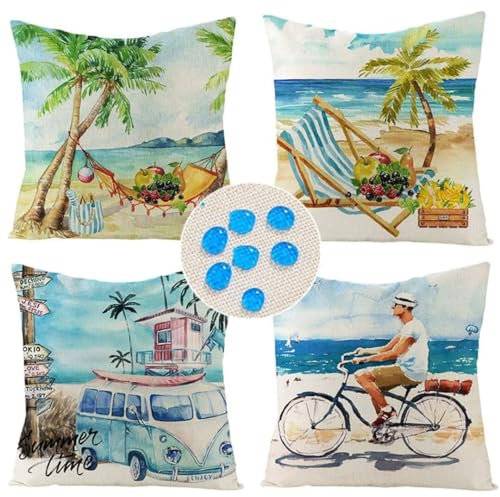 Wasserdicht Kissenbezug 65x65cm/25x25in, 4er Set Dekorativ Outdoor Kissenhülle Blick auf den Strand Deko Sofakissen Couchkissen Leinen Zierkissenbezüge für Sofa Wohnzimmer Balkon Garten Auto ZC-25