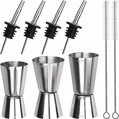 Zaleonline Lot de 9 verres doseurs à cocktail - 3 types - 3 cl / 4 cl / 5 cl - 4 pièces - Bec verseur - Deux brosses - Convient pour les tasses doseuses pour bar et fête
