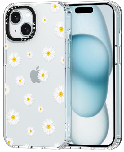 MOSNOVO Case for iPhone 15 Plus, [Buffertech 6.6ft Military-Grade Drop Protection] [Anti Peel Off Tech] Clear TPU Bumper Phone Case Cover Design - White Daisy