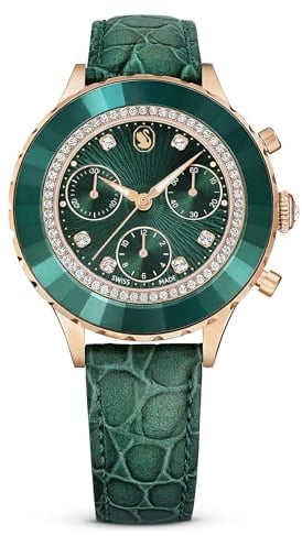 Swarovski Orologio Octea Chrono, Fabbricato in Svizzera, Cinturino in pelle, Verde, Finitura in tono oro rosa