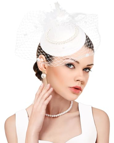 Dressfan Fascinator Hut Damen Hochzeit Haarschmuck Schleier Vintage Perle Stirnband Gatsby Haarreif 20er 50er Pillbox Kopfschmuck für Hochzeit/Cocktail/Gatsby/Teeparty, Weiß