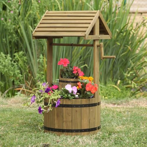 Large Wooden Wishing Well Planter - Decorative Pinewood Outdoor Garden Plant Pot Flower Holder with Plastic Liner & Hanging Bucket for Lawn, Patio, Decking, Balcony, Yard - H100 x W60 x D40cm