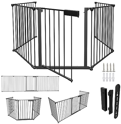 Daromigo Kaminschutzgitter, 310 cm Metall Absperrgitter mit Tür, Ofenschutzgitter Laufstall faltbar Tierschutzgitter Babygitter Sicherung inkl. 5 teilig Elementen, Schwarz