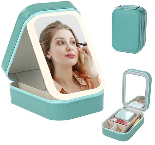 TIGARI Travel Makeup Jewelry Case with LED Mirror, Small Makeup Bag with Lighted Mirror, Three-Color Adjustable Makeup Mirror Storage Box, Portable Organizer Vanity Case for Women Beauty Tools, Green,