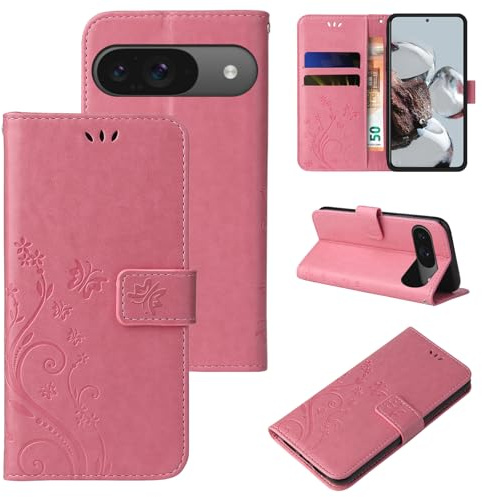 LBH Handy Hülle für Google Pixel 9/9 Pro Case Handytasche Schmetterling Blumen Flower Standfunktion Schutzhülle Magnet Rundum Schutz 360 Grad Flipcase Cover Rosegold