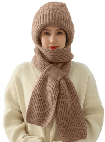 CheChury Bonnet Écharpe 2 en 1 Tricotés Ensemble Hiver Avec Doublure Polaire Une Pièce Cache-Cou Élégant Pour Femme, Marron