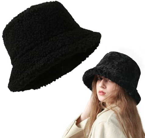 BNGXR Damen Winter Fischerhute Warme Wintermütze Kunstpelz Eimerhut Bucket Warm Hut, Winter Plüschmütze Dick und Weich Breite Krempe Fellmütze Kunstpelz Flauschige Fischerhut 58cm