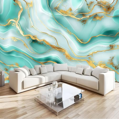 Texture Dorée Papier Peint 3D Panoramique Marbre Vert Émeraude Tapisserie Mural Moderne Fresque, Poster Geant Mural, Pour Salon Chambre Fond Tv Style Déco 300 X 210 Cm