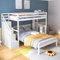Etagenbett mit seitlichen Ablagen, Multifunktionales Kinderbett, Großer Stauraum, Kinder-Etagenbett, Mit Stautreppe, Ohne Matratze, Kiefer + MDF, Weiß (90x200cm +120x200cm)