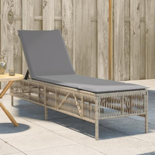 Homgoday Sonnenliege mit beigefarbenen Kissen aus Polyrattan, Sonnenliegen, Schlafsofa Möbel, Pool-Liege, Gartenliege Modell 4002740