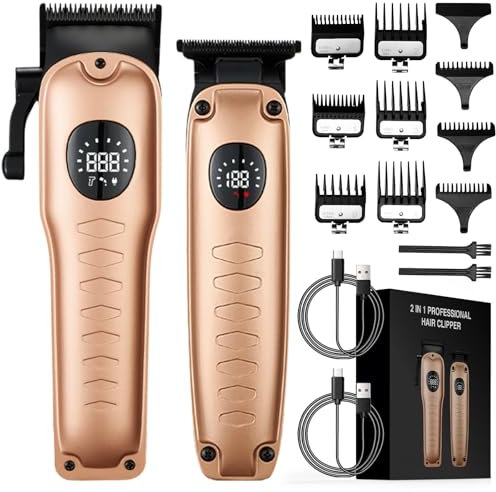 Oneyus 2 in 1 Profi Haarschneidemaschine Set, Clipper Haarschneider Herren Kabelloses, Barttrimmer Haartrimmer LED Anzeige Langhaarschneider mit 9 Führungskämmen Präzisionstrimmer Set - Gold