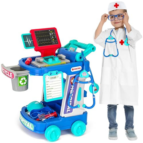 Goenb Doctor Toys Kit für Kinder im Alter von 3 4 5, Pretend Doctor Playset Medical Station Set mit Mobile Cart Doctor Kostüm Stethoskop Medical Toys für Kleinkinder Jungen Mädchen