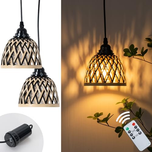 DEXULESA Outdoor Battery Operated Lights 5.31'' Small Dimmable Handmade Bamboo Pendant Light with Remote Timer 2 Pack Gazebo Lights for Porch Yard Outdoor Indoor Decor