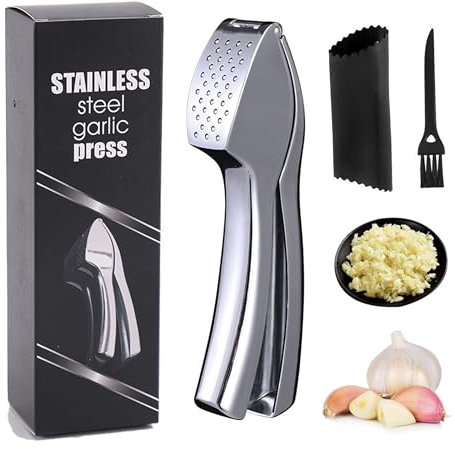 Garlic Press Garlic Crusher, Premium Garlic Crusher, Heavy Duty Kitchen Garlic Press Garlic Press Set with Gift Box Efficiently Squeezes Garlic & Ginger Skins Rust Proof &Dishwasher Safe(Silver)