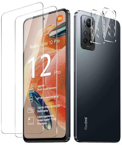 BIESHKJ 2+ 2Pack pour Xiaomi Redmi Note 12 Pro 4G de Protection Verre Trempé + Protecteur D'objectif D'appareil Photo, Dureté 9H Vitre, Compatible Avec Les Coques et Résistant Aux Rayures