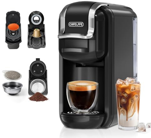 CAFELFFE 4-in-1-Kapsel kaffeemaschine MK603, Heiß-/Kaltbrüh, 19 Bar, für Nec* Original-, DG*-, ESE-Pads und Kaffeepulver, Erp2-Energiesparmodell, 0,6-l-Wassertank, geeignet für die Familie, Schwarz