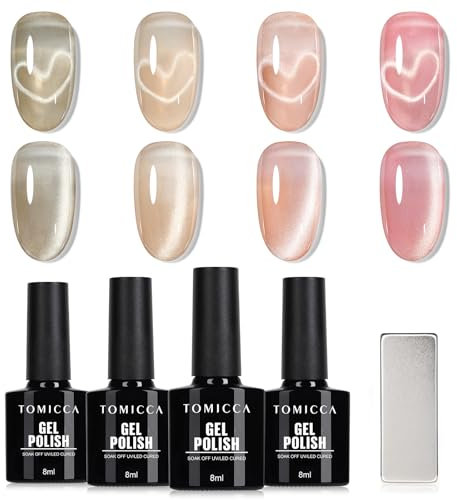 TOMICCA Cat Eyes UV Nagellack, 4 Farben Nude Rosa Silber Glitzer Gel Nagellack Set Mit Magnet, UV Gel Nägel Polish für Anfänger DIY Home & Nail Art Maniküre Salon, 8ML
