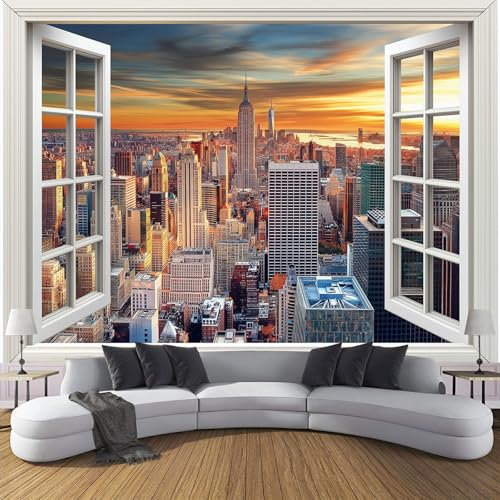 Window View Silk Cloth 3D Photo Wallpaper Roll Mural, New York City Wallcoverings, 250x175cm (WxH) Indoor Luxury Wall Painting for Bedroom Living Room TV Backdrop Home Decoration