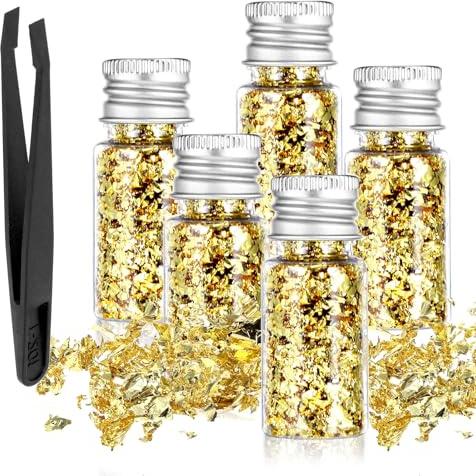 5 Stk Blattgoldblätter mit Pinzette Blattgold Flocken zum Basteln Goldfolie Dekoration Goldfolie Papier Goldfoli Flocken Multifunktions Dekorfolienpapier für Vergoldung Malerei Handwerk Nägel