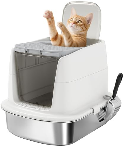 PawHut Stainless Steel Litter Box with Lid, Large Hooded Cat Litter Tray with Flip Cover, Metal Scoop, Deodoriser Bag, Non-Sticky, Odour Control and Easy Clean, White