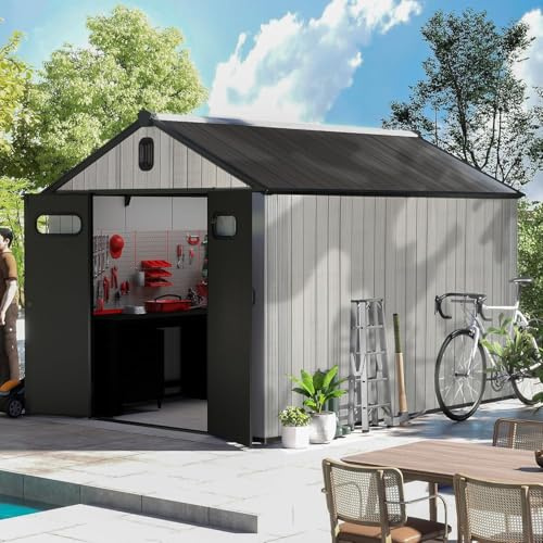 Domi outdoor living Gartenhaus Kunststoff – Wetterfest & UV-beständig, Doppelwand-Konstruktion, abschließbar, mit Dachbelüftung – Gartenschuppen für Fahrräder & Gartengeräte, Grau,230x286x237cm